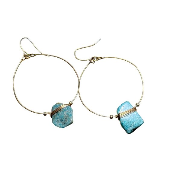 Gold Hoop Earrings with Natural Amazonite Stone Dangle Boho Handmade Jewelry - Picture 6 of 6